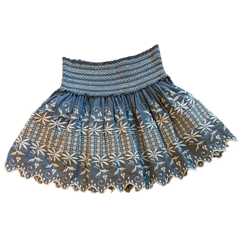 Love Shake Fancy Blue w White Embroidery Cotton Mini Skirt M